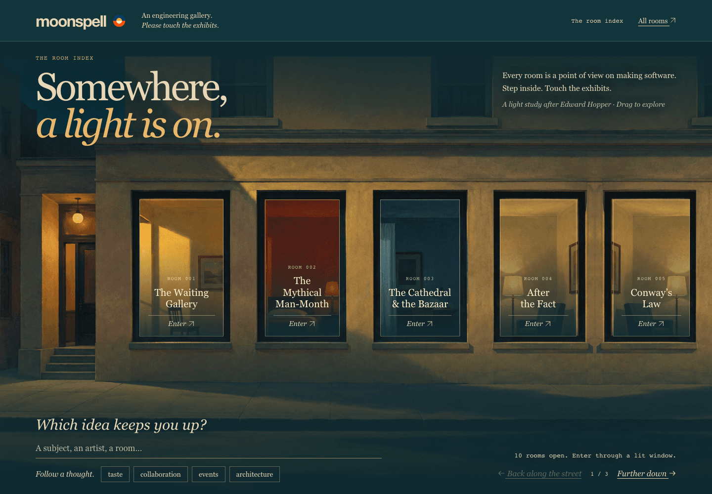 Moonspell's room index: a street at dusk with lit windows leading into interactive exhibitions.