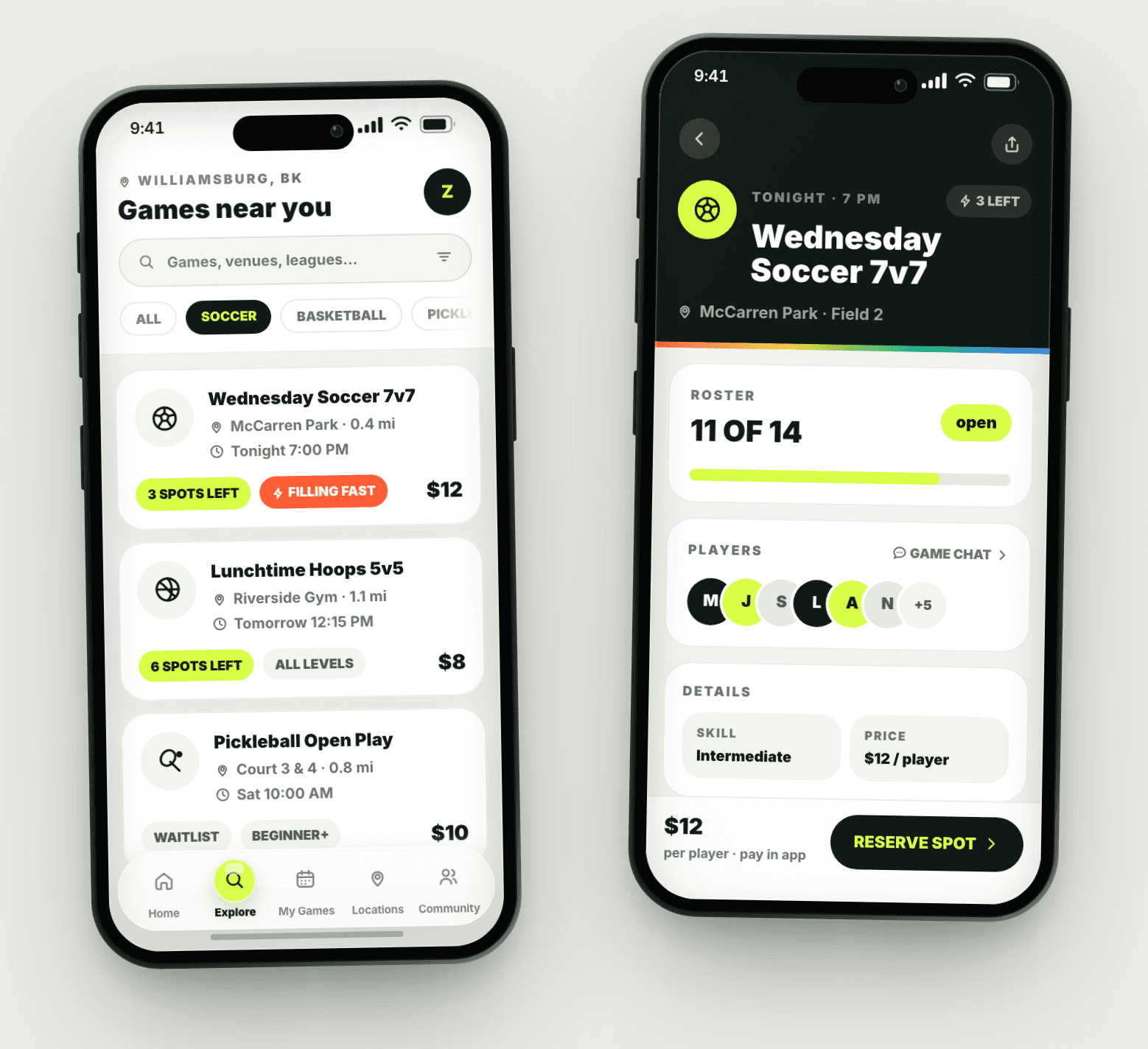 Pulvi's public player app preview, showing nearby games, an open roster, and a reservation screen.
